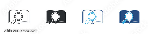 Research icon set. Data analysis concept, open book with magnifying glass, research and education symbol, vector illustration
