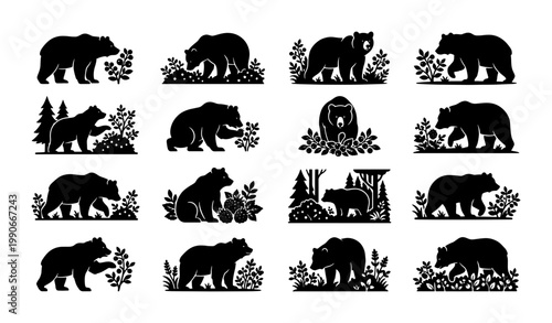 Black bear silhouette collection, 16 wild grizzly bear icons with forest plants, rustic woodland animal vector set for outdoor branding and logos