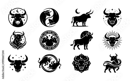 Taurus zodiac sign icons, set of 12 black bull silhouettes and celestial ox logos, mystical astrology symbols for branding and tattoo design
