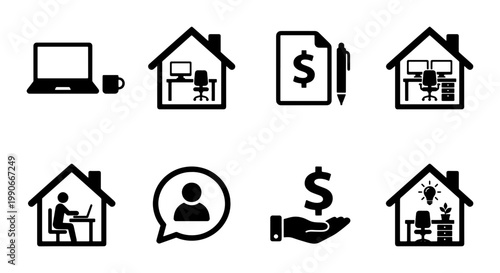 Remote work icon set with 8 black vector elements, home office workspace symbols, freelance and telecommuting business graphics for web design