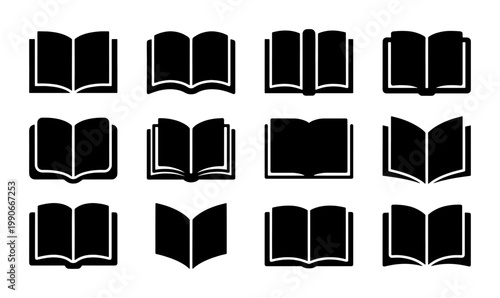 Minimalist book icon set, 12 black open book vector silhouettes, flat educational symbols for library and school branding, simple literature graphics
