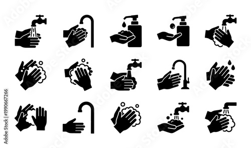Hand washing icons set, 15 black vector silhouettes for hygiene and sanitation, liquid soap dispenser and water faucet symbols for health safety
