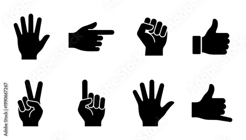 Black hand gesture icons set, human palm and finger silhouettes, collection of 8 vector hand signs for communication and interface design