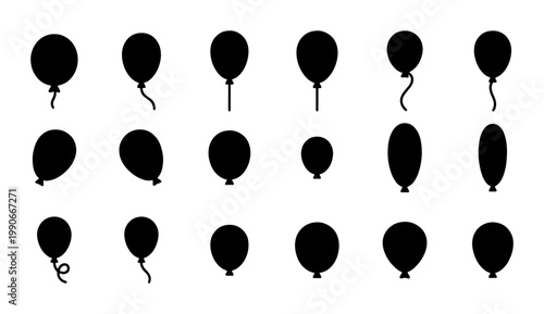 Black balloon silhouette icons set, 18 vector party balloon shapes with strings, minimalist celebration elements for birthday and event design
