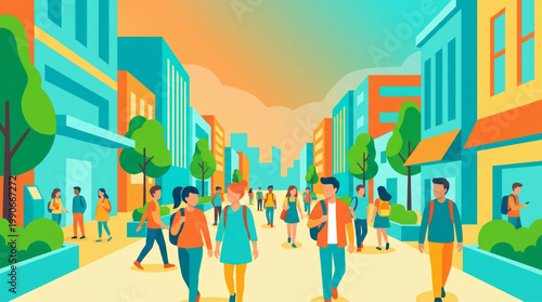Colorful cartoon illustration of a busy city street with people walking