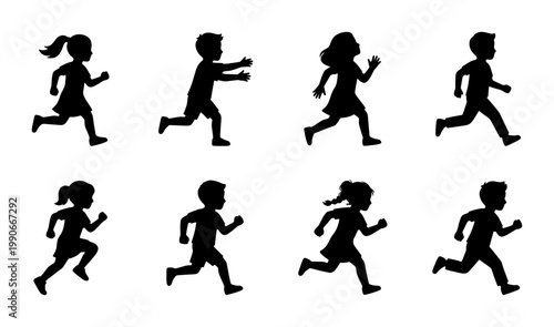 Running children silhouettes set, black vector icons of boys and girls in motion, active kids playing and sprinting collection, 8 elements