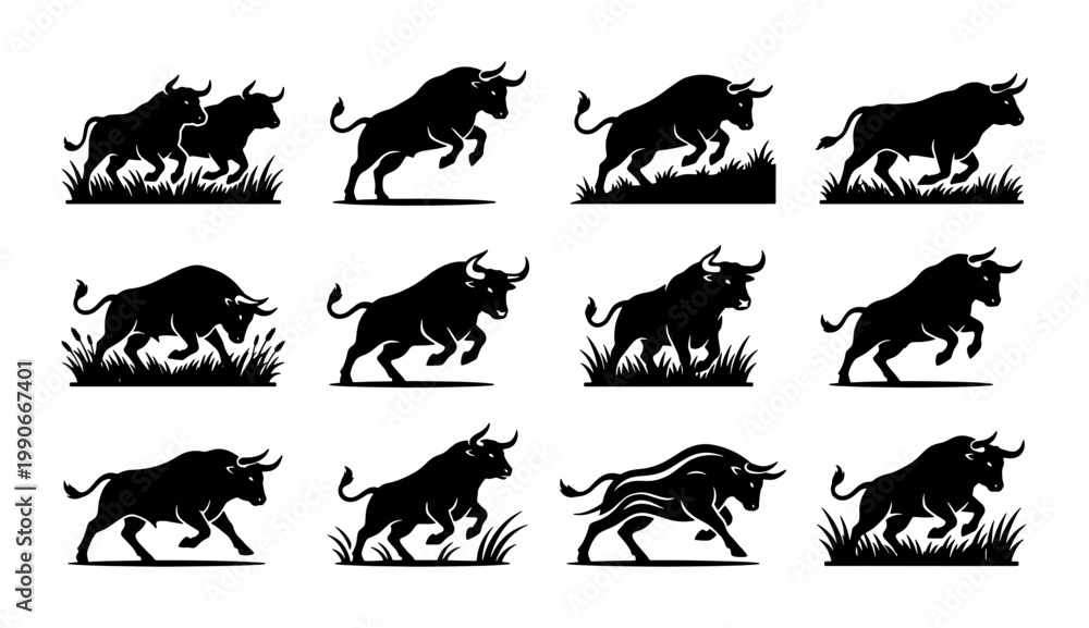 Naklejka premium Powerful bull silhouettes collection, set of 12 black buffalo icons in various charging and jumping poses, aggressive bull vector graphics for logos