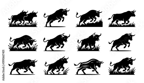Powerful bull silhouettes collection, set of 12 black buffalo icons in various charging and jumping poses, aggressive bull vector graphics for logos