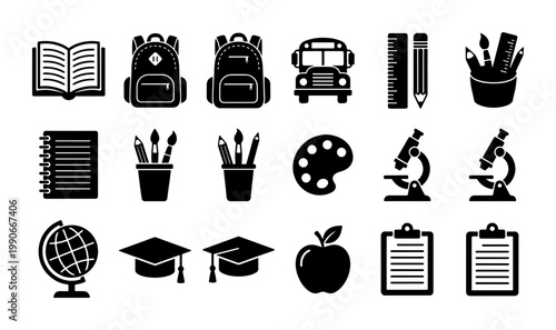 Black school icons set, education supplies vector collection, back to school stationery elements, academic learning symbols for web and print
