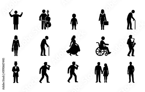 People silhouette icons set, diverse human figures including musicians, business professionals, and elderly people, black vector pictograms