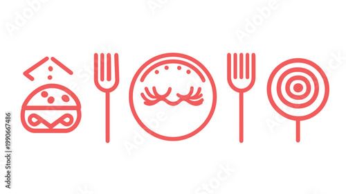 Stylized, monochromatic food-related icons arranged in a row against white background