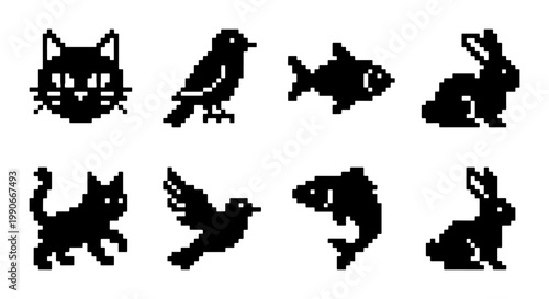 Pixel art animal icons set, retro 8-bit pet silhouettes including cat bird fish and rabbit, black pixelated wildlife vector graphics