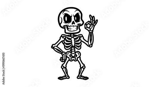 Skeleton mascot OK gesture vector funny skull character illustration isolated on white