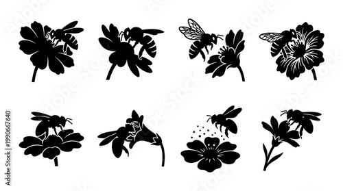Vintage honey bee silhouettes on flowers, set of 8 black floral insect icons, botanical bumblebee vector illustrations for nature branding