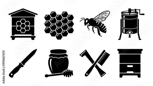 Beekeeping icon set with honey bee and hive, black silhouette apiary equipment collection, 8 vector elements for honey production branding
