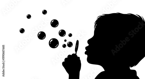 Foto Silhouette of a young child blowing bubbles, capturing a moment of childhood joy and wonder