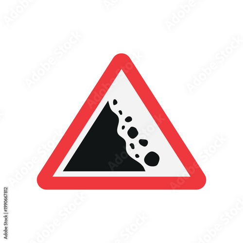 Warning road sign with falling rocks symbol inside a red triangle border vector design on white background.