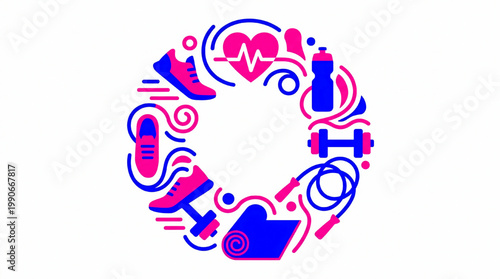 Fitness and Health Icons Circle Arrangement.