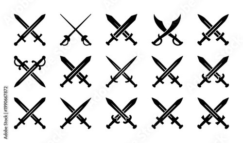 Medieval crossed swords icons set, 15 black silhouette sword vector elements, antique battle weapon symbols for gaming and heraldry