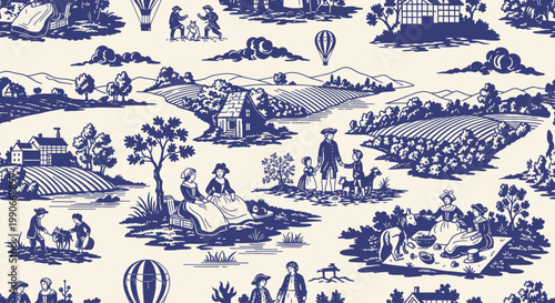 Blue and white toile pattern depicting idyllic pastoral scenes with figures, animals, and landscapes