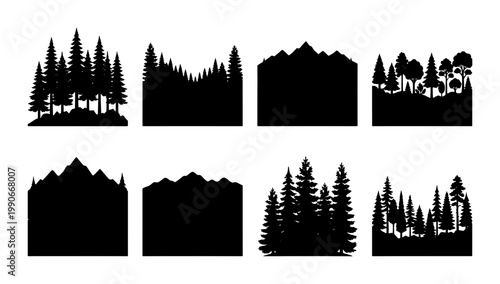 Black forest silhouette set, mountain landscape vector icons, 8 pine tree and wilderness nature elements for outdoor adventure design