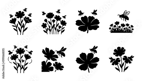 Black flower silhouette icons with honey bees, floral garden vector set of 8 elements, botanical blossom and pollinator insect illustrations