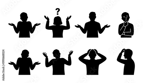 Confused people silhouette icons set, shrugging man and woman avatars, 8 black vector figures expressing doubt and uncertainty