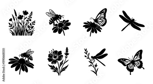 Vintage meadow insect silhouettes, set of 8 black garden icons, butterfly and honey bee floral illustrations, dragonfly and wildflower vector graphics