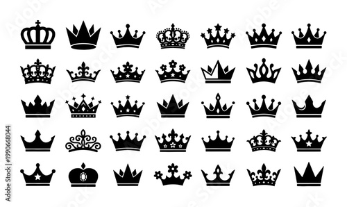Royal crown silhouette collection, 35 black imperial coronet icons, vintage heraldic king and queen headwear set, elegant luxury jewelry vector
