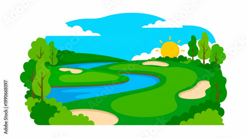 Beautiful Golf Course Landscape with Water Hazards and Sand Traps.
