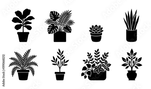 Minimalist black houseplant silhouettes, set of 8 potted plant vector icons, botanical indoor greenery illustrations for home decor and web design