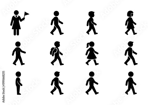 School children stick figure icons, walking students following female teacher with flag, black silhouette vector set for education and safety