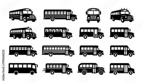 School bus silhouette icons set, collection of 16 black transport vehicle vectors, school bus side and front view symbols for education and transit design