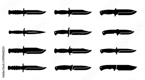 Tactical combat knife silhouettes, set of 12 military survival knives, black steel blade icons for hunting and camping, vector weapon collection