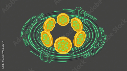 Isometric digital currency tokens with glowing technological circuit interface