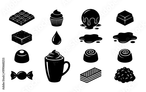 Chocolate dessert icon set, black silhouette cocoa sweets and candy collection, 14 vector elements for bakery menu and confectionery branding