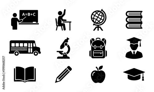 Education icon set with 12 black school symbols, academic learning vector elements, university and classroom study signs for back to school design