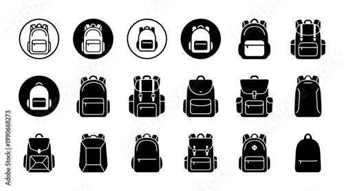 Minimalist backpack icon set, black and white school bag vector collection, 18 travel rucksack symbols for web and mobile UI design