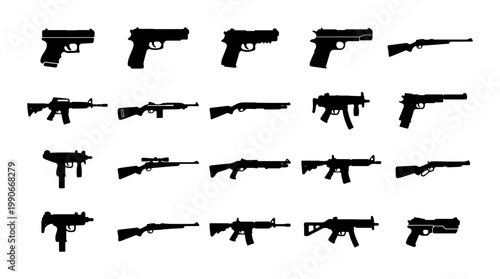 Military weapon silhouettes set, collection of 20 firearm icons including pistols and rifles, black gun vector shapes for tactical design and gaming