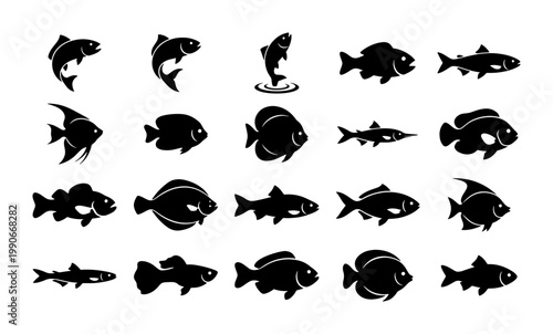 Black fish silhouette icons set, collection of 20 aquatic animal vector symbols, minimalist sea life and freshwater fish shapes for fishing logos