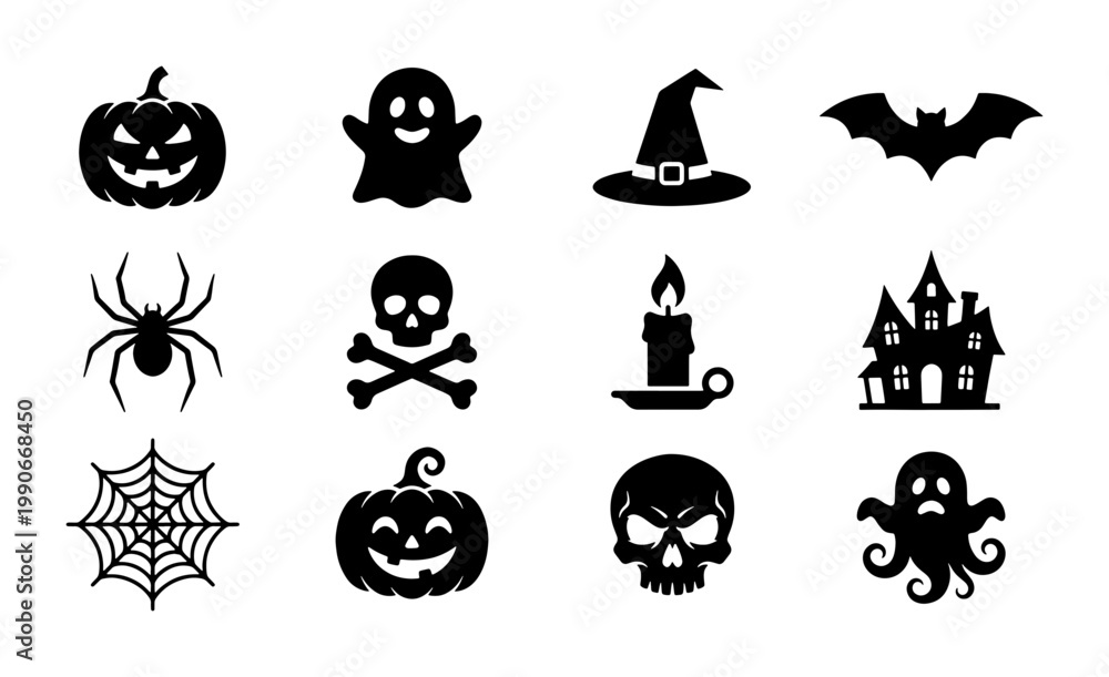 Obraz premium Halloween silhouette icon set with 12 vector elements, spooky pumpkin and ghost illustrations, black skull and bat symbols for holiday party design
