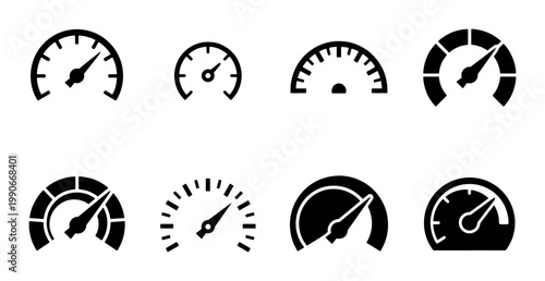 Speedometer icon set with 8 black vector gauges, minimalist dashboard performance indicators, tachometer and odometer symbols for automotive UI design