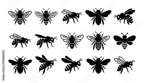 Honey bee silhouette icons set, 15 bumblebee vector elements, black insect graphic collection for honey packaging and nature branding