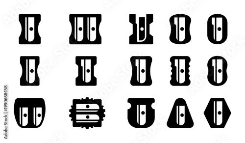Minimalist pencil sharpener icon set, 15 black vector silhouettes of stationery tools, school and office supply symbols for graphic design
