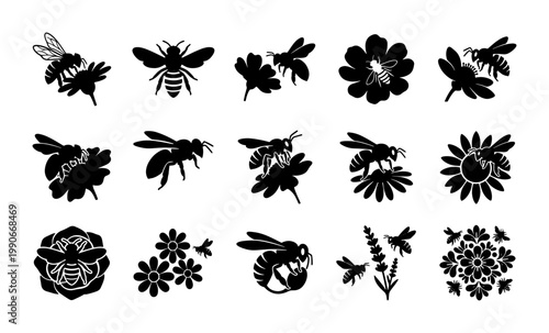 Honey bee silhouette icons, 15 black bumblebee and flower vector elements, garden insects and floral blossom collection for nature branding