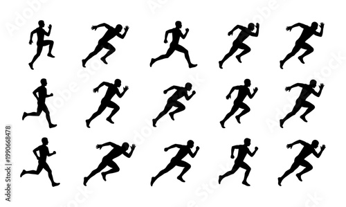 Running man silhouette collection, set of 15 athlete sprinting vector icons, black male runner figures in motion, sports and fitness activity graphics