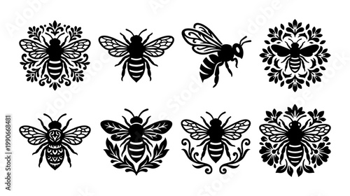 Vintage honey bee silhouettes, set of 8 decorative bumblebee icons, black floral insect vector graphics for logo design and branding