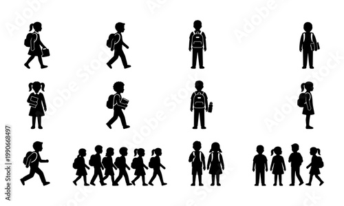 School children silhouette set, primary students with backpacks walking to class, elementary boy and girl pupil figures, back to school vector icons