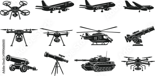 Aerial vehicles and military equipment silhouette illustration, aviation technology artwork, defense design concept, black and white vector template collection set