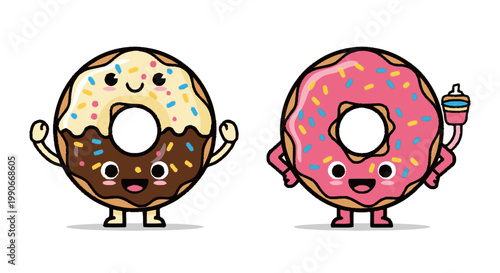 Cartoon donuts with sprinkles and smiling faces on white background